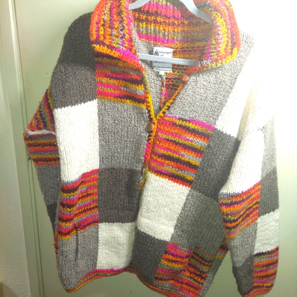 Bolivian Imports Cardigan Sweater 100% Natural Wool Hand Made In Ecuador L